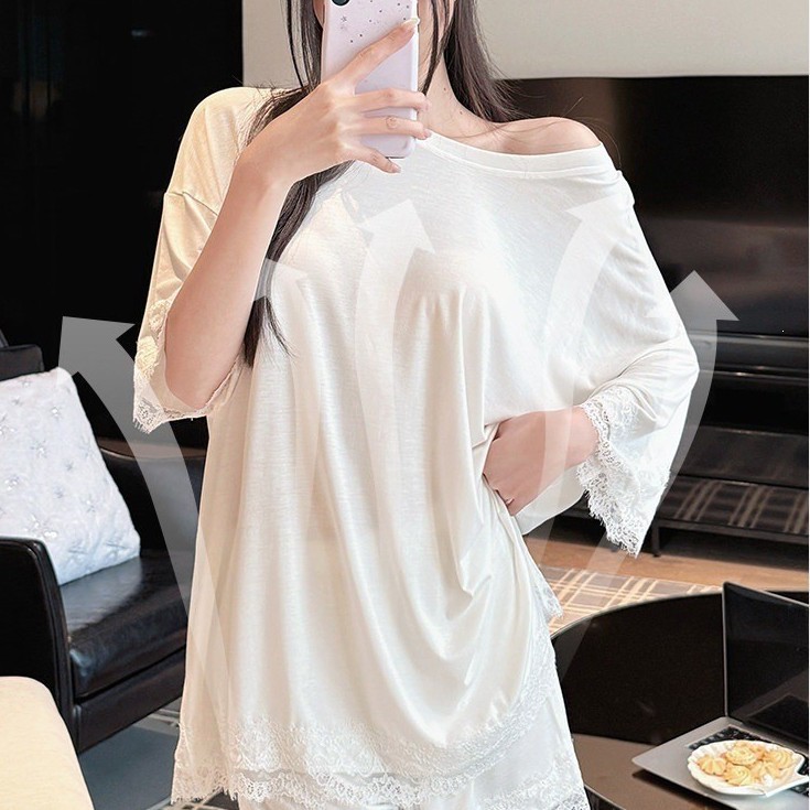 莱赛尔睡衣女夏季新款露肩纯欲蕾丝花边性感家居服薄女士短袖套装