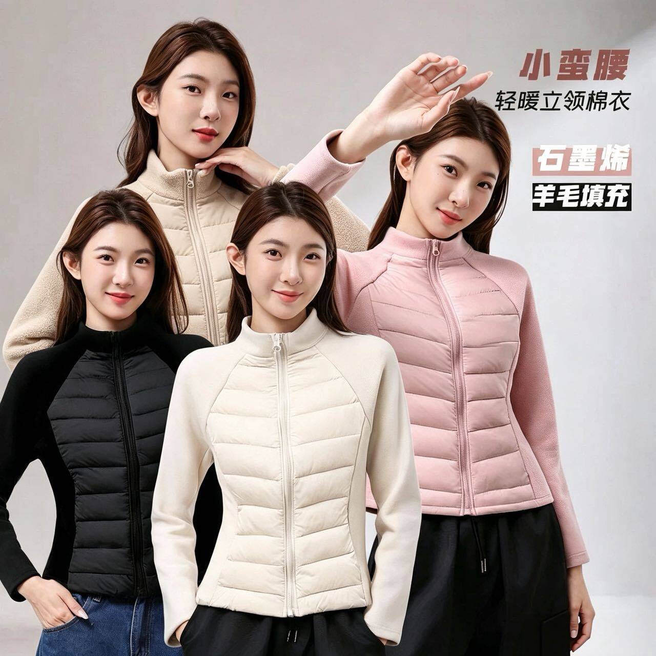 羊毛瑜伽防风棉服女冬季新款立领修身石墨烯棉衣时尚保暖拼接外套