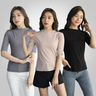 五分袖T恤女夏半高领短袖2023新款薄款莫代尔中袖打底衫修身内搭