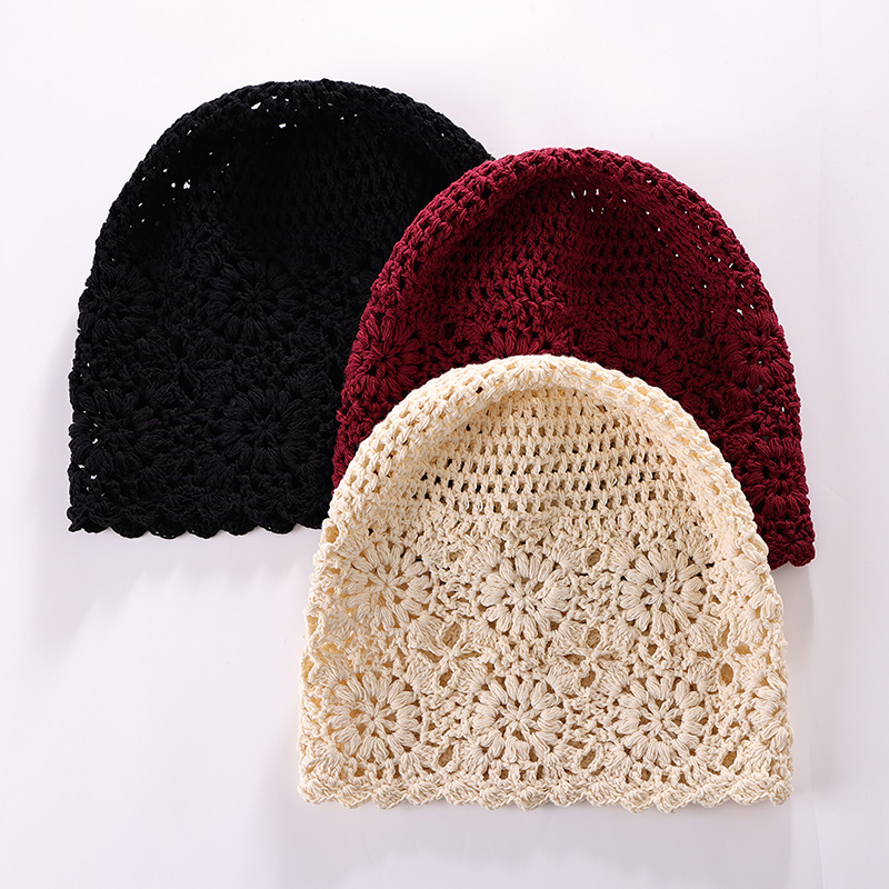 纯手工钩针镂空包头帽子女春夏薄款透时尚气花边针织堆堆帽套头帽