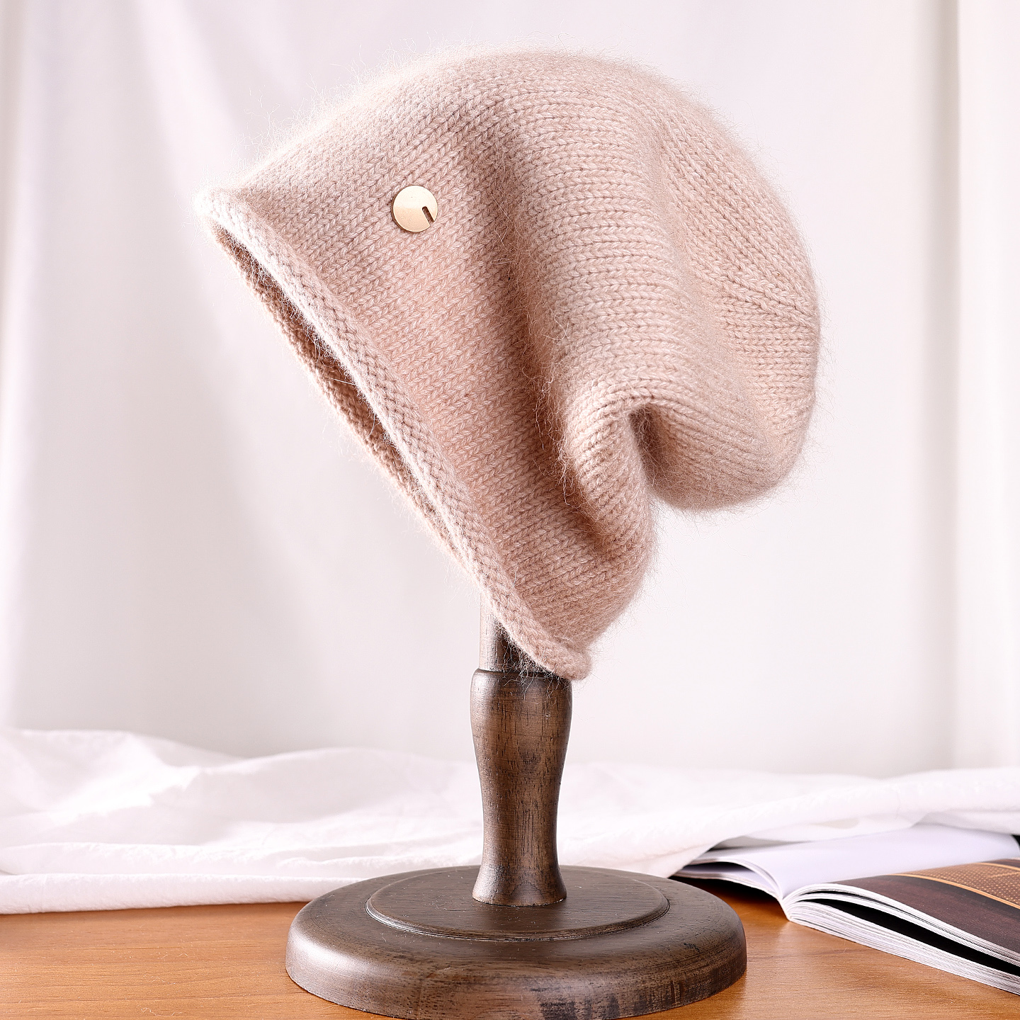 兔毛帽子女秋冬天时尚护耳帽套头保暖堆堆帽简约百搭针织帽毛线帽