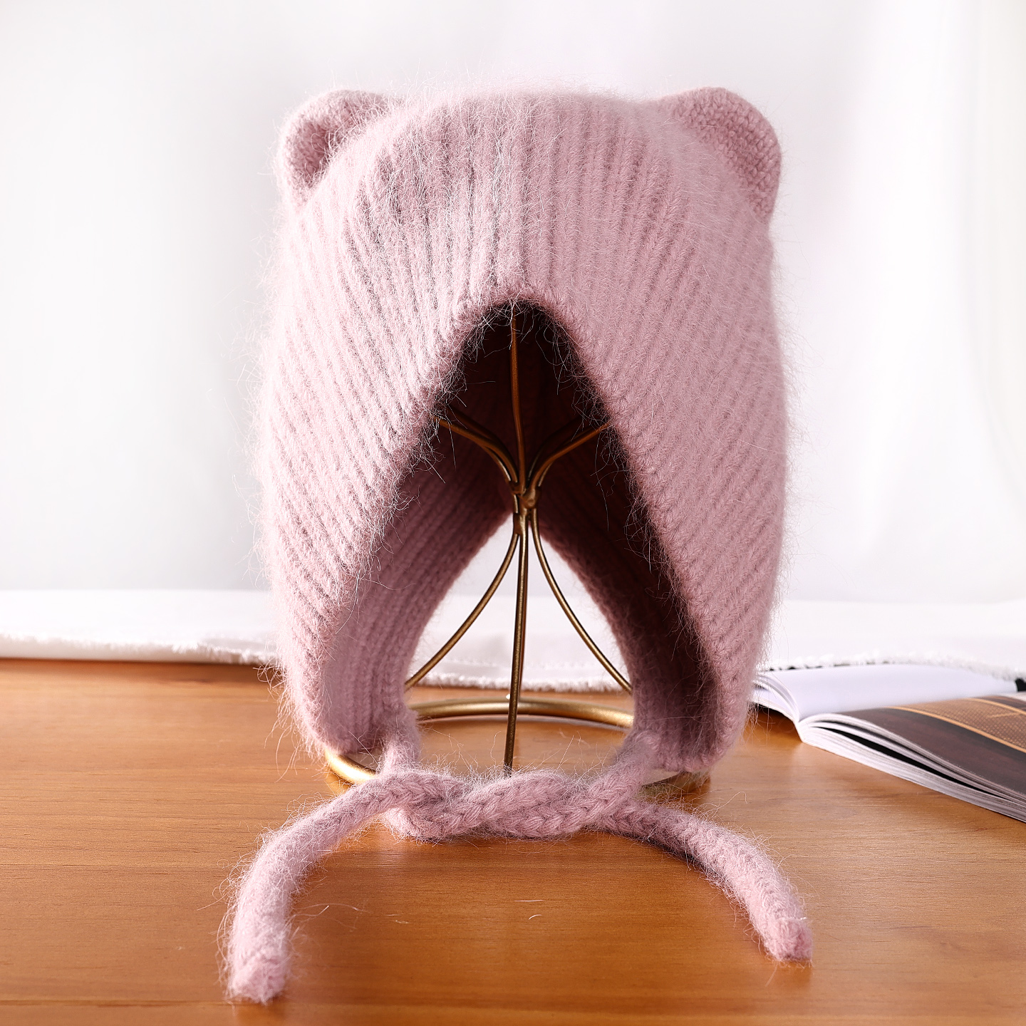 可爱猫耳朵兔毛保暖毛线帽子女秋冬天系带护耳加厚针织帽包头帽