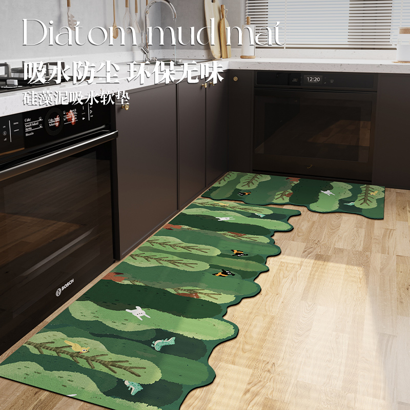 绿植田园厨房地垫绿色长条硅藻泥防滑脚垫家用防油吸水垫入户门垫