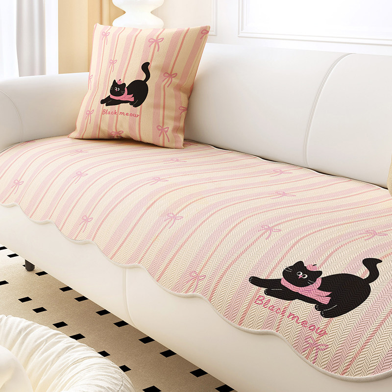 夏季冰丝沙发垫子夏天多巴胺风直排防滑盖布夏用卡通粉色凉席坐垫