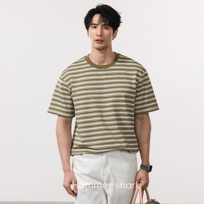 老钱风复古撞色条纹短袖T恤男