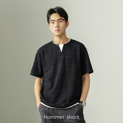 意式亨利领华夫格抗皱短袖t恤男士夏季通勤休闲上衣HAMMER SHARK