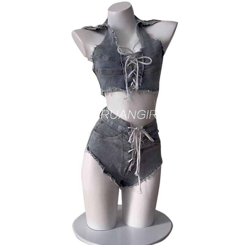 牛仔布性感战袍内衣大胸绑绳系带腰间露臀制服辣妹女主播套装公主