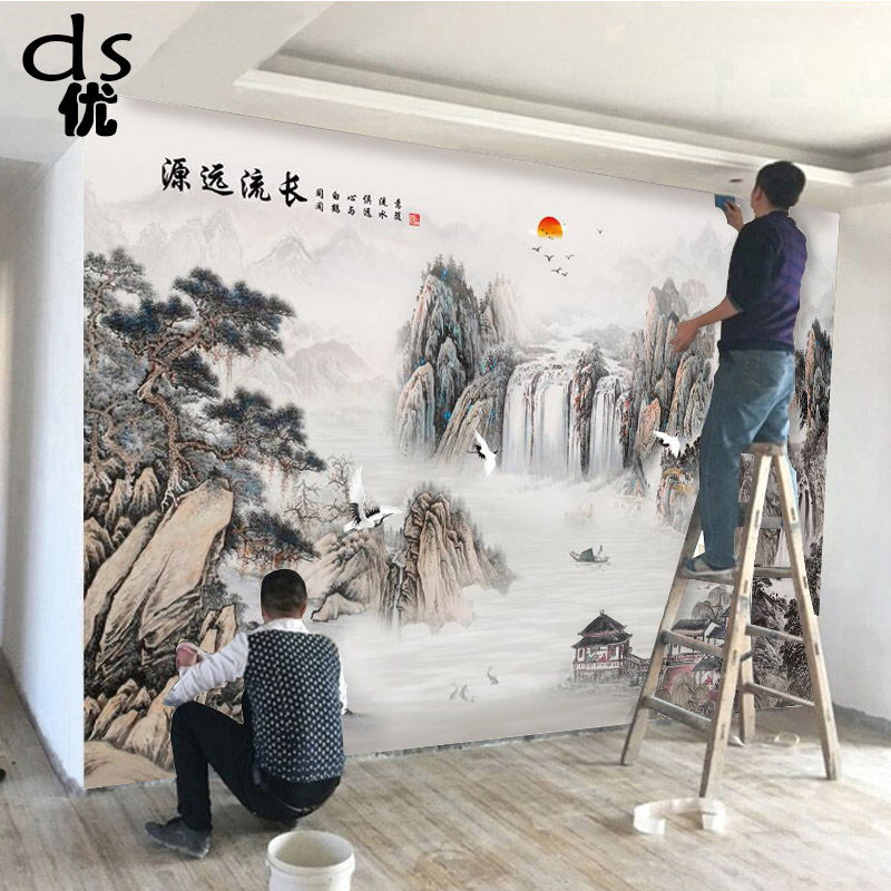 中式水墨装饰壁画山水瀑布墙纸客厅电视背景墙国画8D复古无缝壁画图片