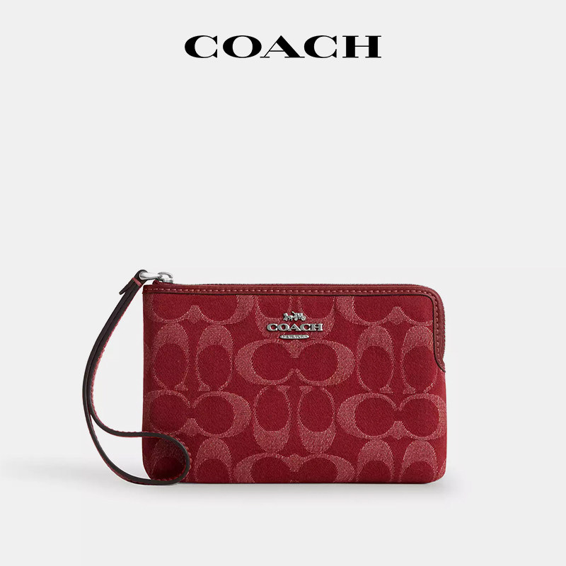 【国内现货】COACH/蔻驰女款手拿包牛仔布老花红色小号手挽钱包