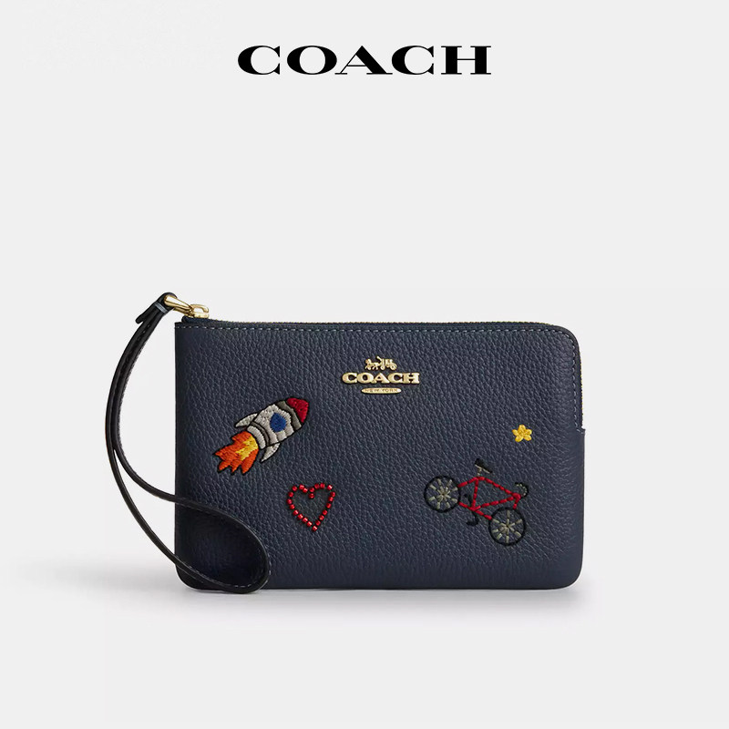 【国内现货】COACH/蔻驰corner zip手拿包靛蓝卡通刺绣手挽钱包女