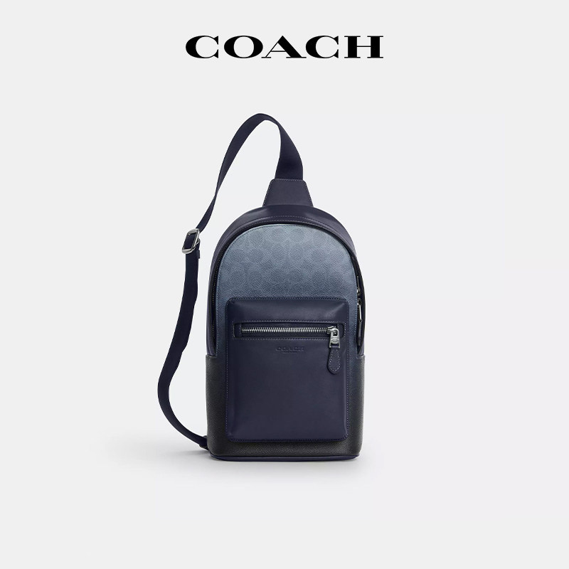 【国内现货】COACH/蔻驰West胸包男款渐变蓝色老花潮流单肩斜挎包