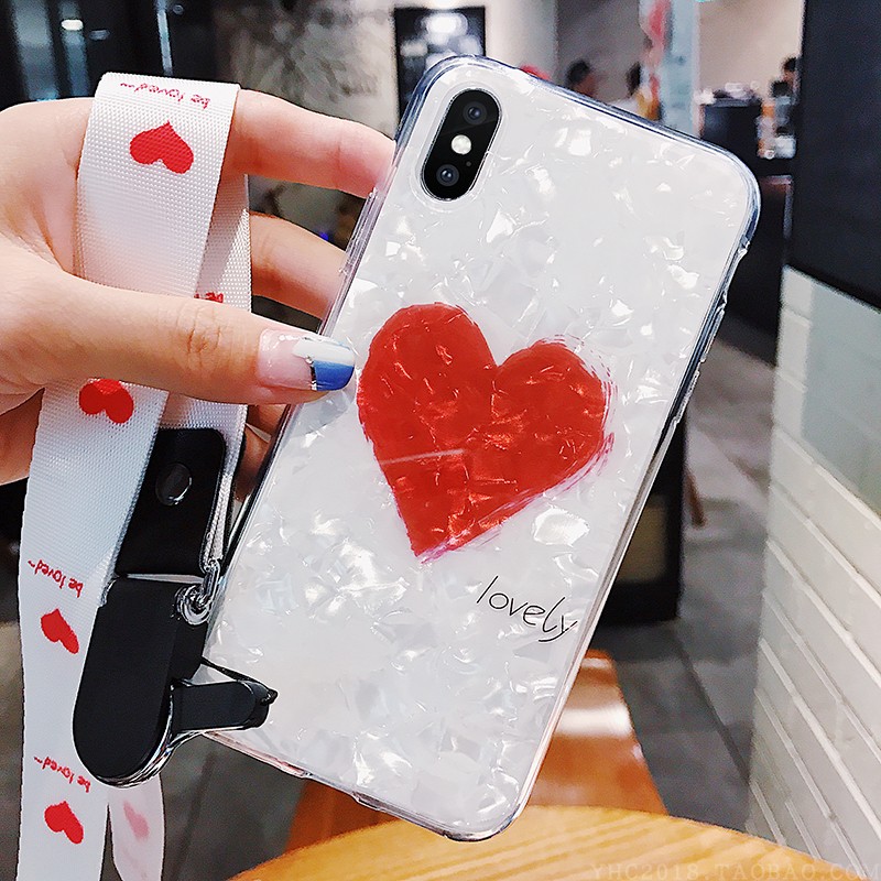 ¼òÔ¼°×É«±´¿Ç°®ÐÄ Æ»¹ûxÊÖ»ú¿ÇiPhone7plus/8/6s±£»¤Ì×Å®¿î´ø¹ÒÉþ
