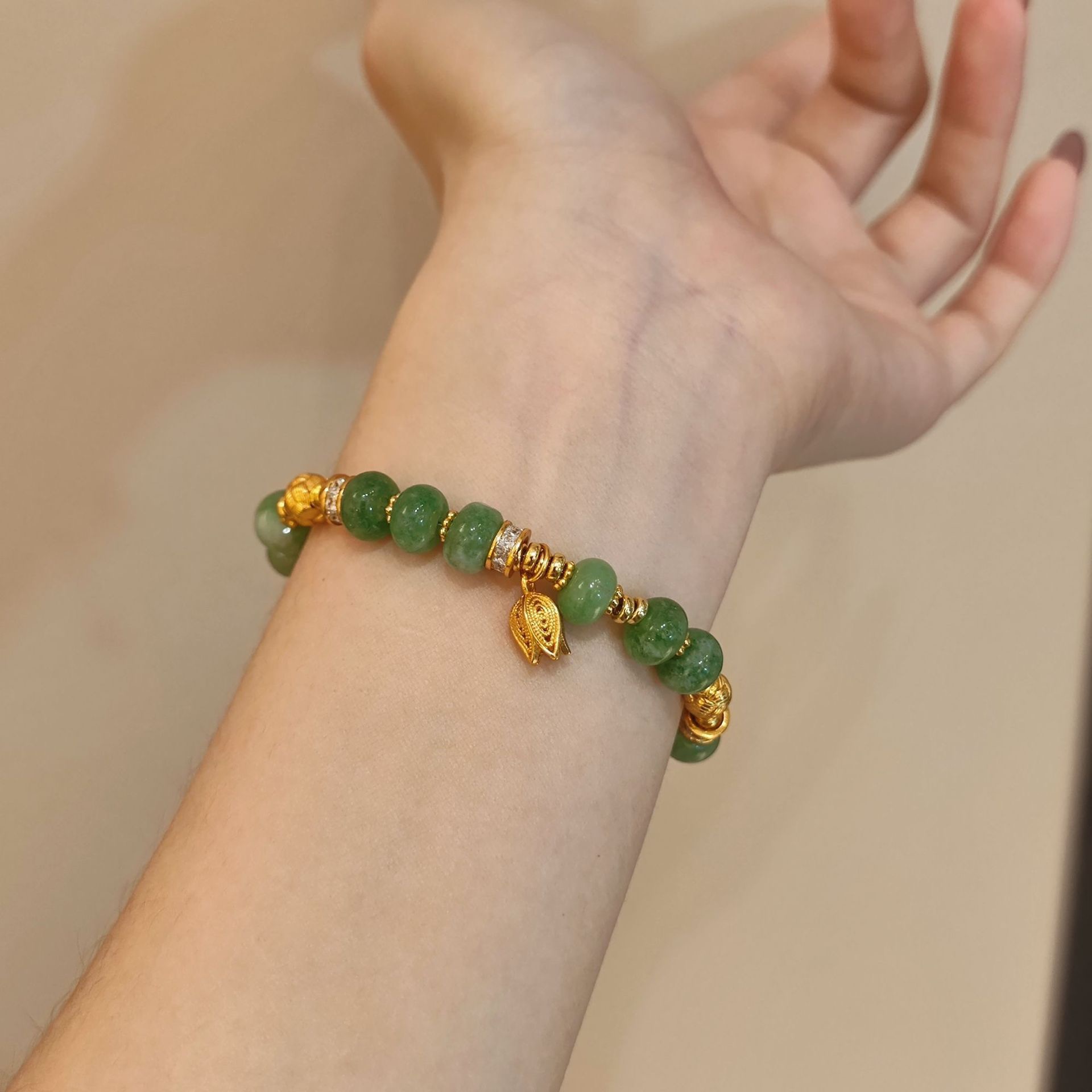 SSJEWELRY轻奢珠宝绿玉髓盘缠手串S925银镀金花苞时尚百搭手链