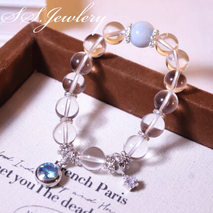 SSJEWELRY轻奢珠宝S925银天然白水晶许愿星空海蓝宝手串小众高级