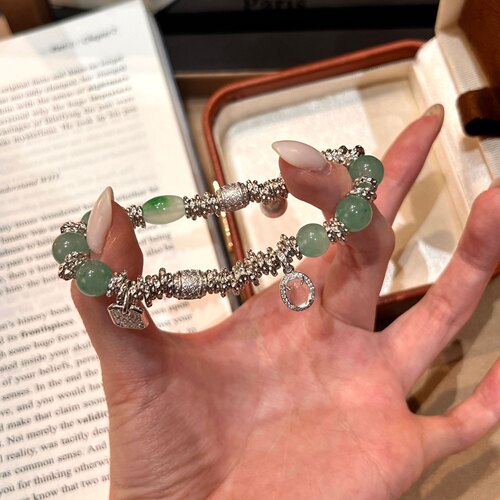 SSJEWELRY轻奢珠宝S925银盘缠无事牌手链冰种飘花巴山翠高级手串