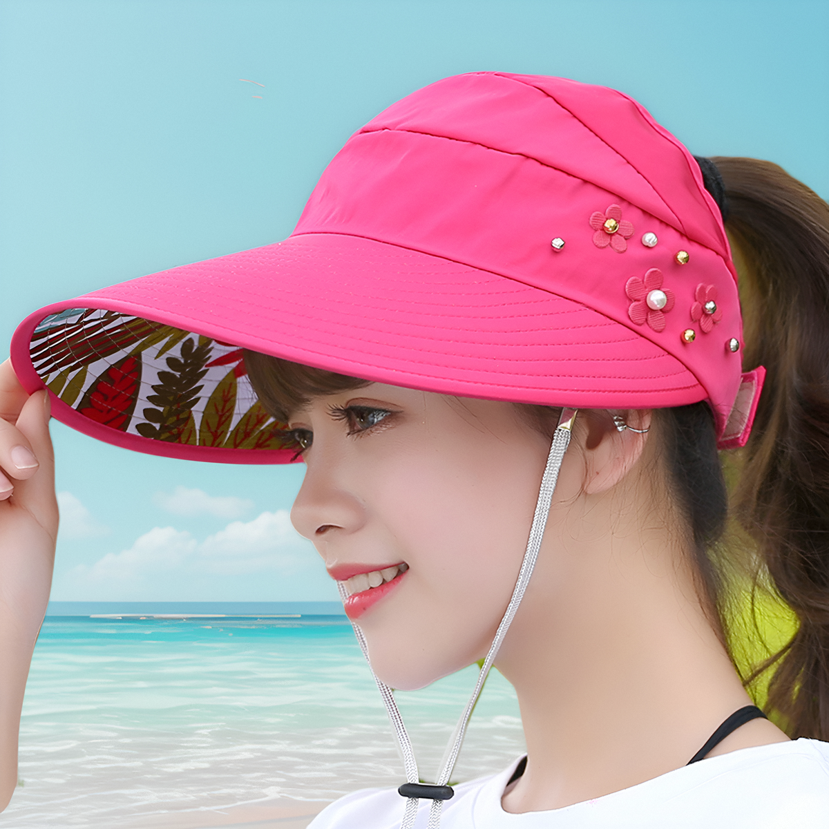 帽子女款2024新款夏天防晒帽带防风绳遮阳帽韩版时尚出游太阳帽