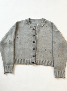 Basic annals破洞单排扣针织开衫男灰色毛衣外套短款boxyfit上衣