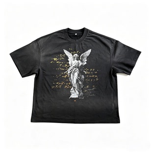 Basic annals天使印花短袖T恤男女做旧水洗字母街头喷马骝短宽T