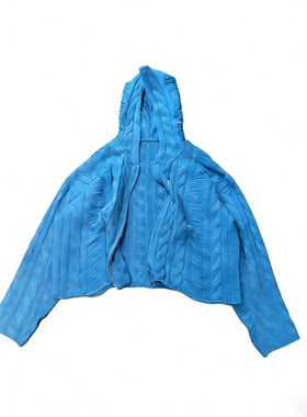 蓝色麻花连帽拉链短款针织开衫毛衣外套boxyfit美丽诺羊毛混纺