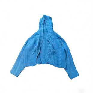 蓝色麻花连帽拉链短款针织开衫毛衣外套boxyfit美丽诺羊毛混纺