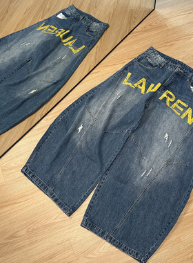 美式复古baggy弯刀牛仔裤男女涂鸦字母阔腿直筒垂感拖地