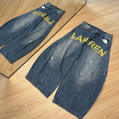 美式复古baggy弯刀牛仔裤男女涂鸦字母阔腿直筒垂感拖地