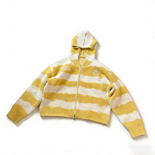 Basicannals复古撞色条纹连帽拉链针织衫男女宽松毛衣外套短宽