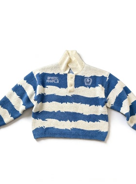 Basicannals条纹撞色立领针织Polo领毛衣印花短宽boxyfit重磅上衣