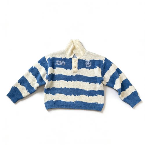 Basicannals条纹撞色立领针织Polo领毛衣印花短宽boxyfit重磅上衣