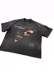 Basic Annals Retro Street Style Short-Sleeved Distressed Printed T-Shirt for Men, Loose Design, Portrait Boxy Fit