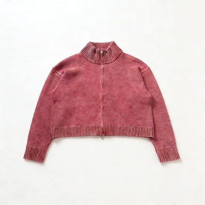 Basicannals立领拉链针织开衫红色高领毛衣纯棉重磅水洗拉链外套