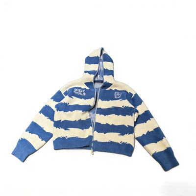 Basicannals复古撞色条纹连帽拉链针织衫男女宽松毛衣外套短宽