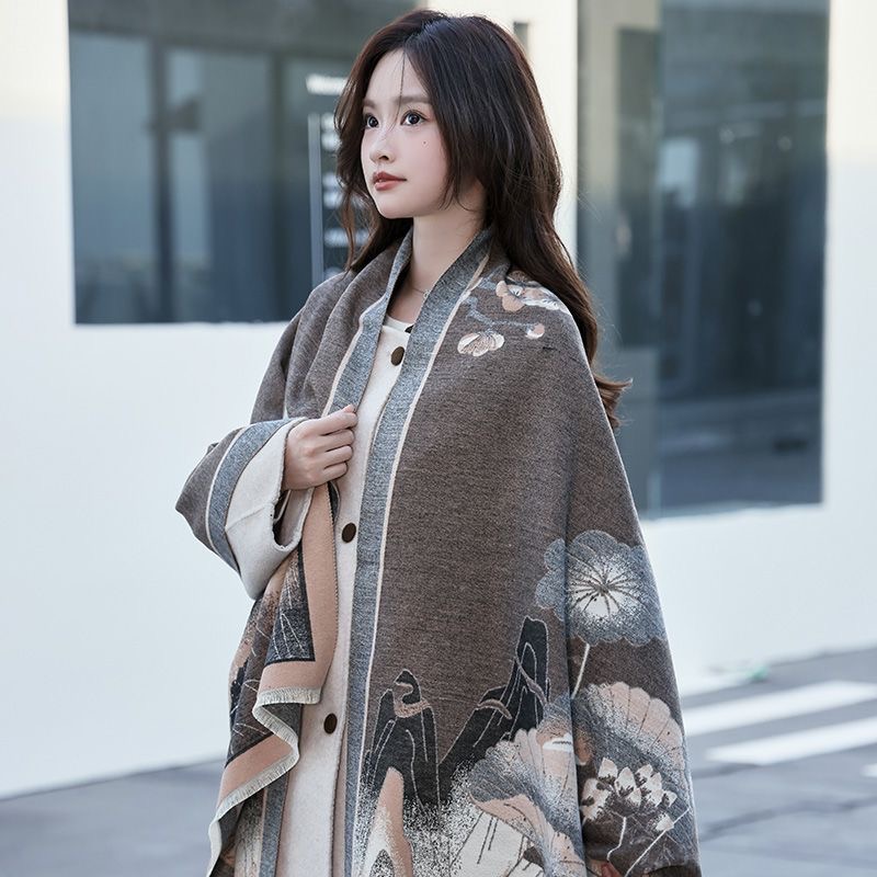 围巾女2025新款中式风荷花仿羊绒加厚双面秋冬季保暖围脖披肩