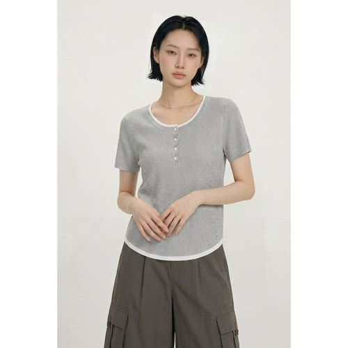 圆领拼色坑条纹针织T恤女