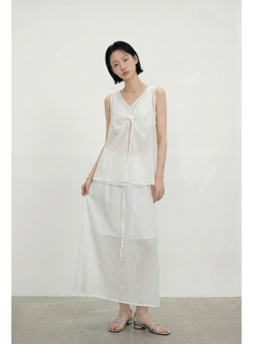 LINYUXI 天丝透气白色扭结背心+半透长裙套装女夏季松弛感两件套