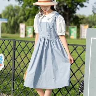 夏季新款中大童女童装棉布娃娃领短袖淑女假两件连衣裙学生裙