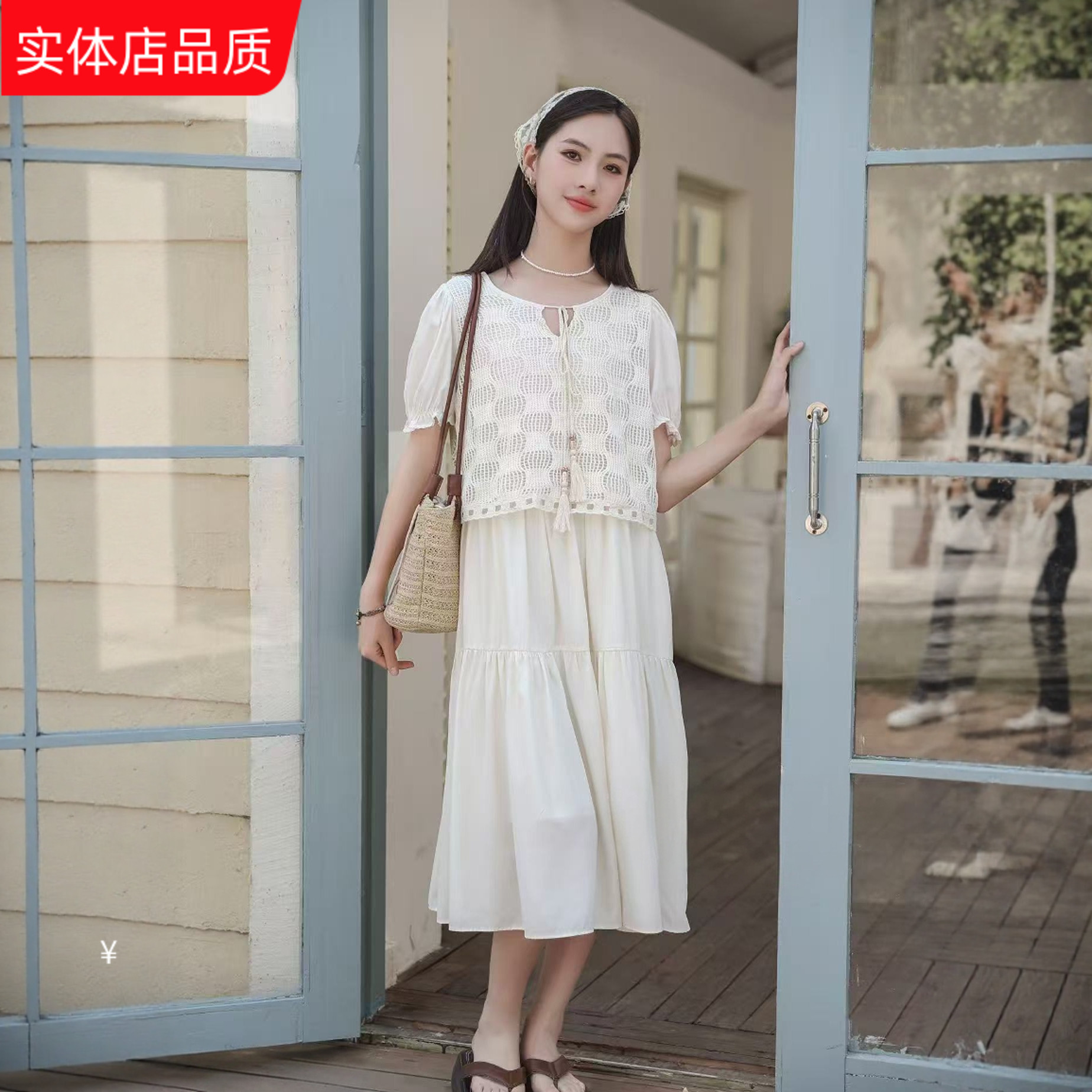 夏装新款米可贝拉天地青少年装女孩大童镂空罩衫短袖假两件连衣裙