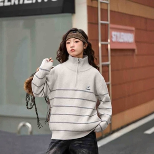 冬季新款女孩大童青少年装针织毛衫毛线衣拉链立领条纹打底内搭