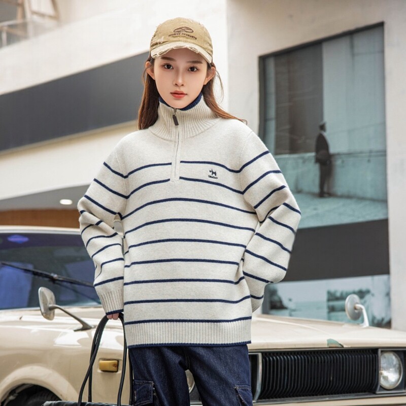 冬装新款艾尚杰小杰女大童青少年休闲条纹拉链立领针织毛衫毛线衣
