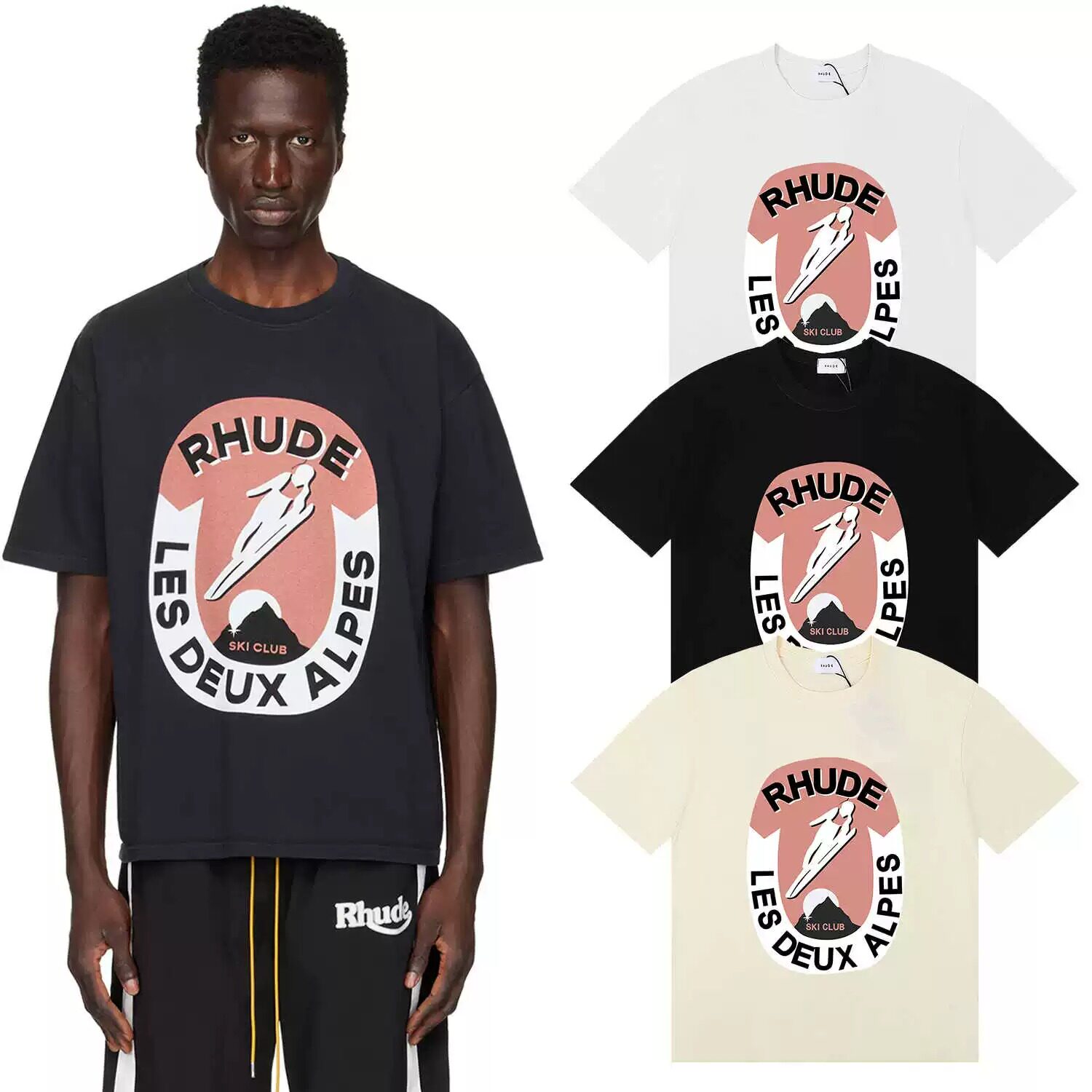 RHUDE 潮牌男女美式阿尔卑斯滑雪经典日出印花短袖情侣T恤上衣TEE