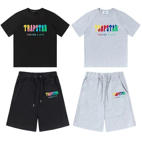 Trapstar 潮牌彩虹色毛巾刺绣街头INS宽松短袖短裤运动套装男女夏