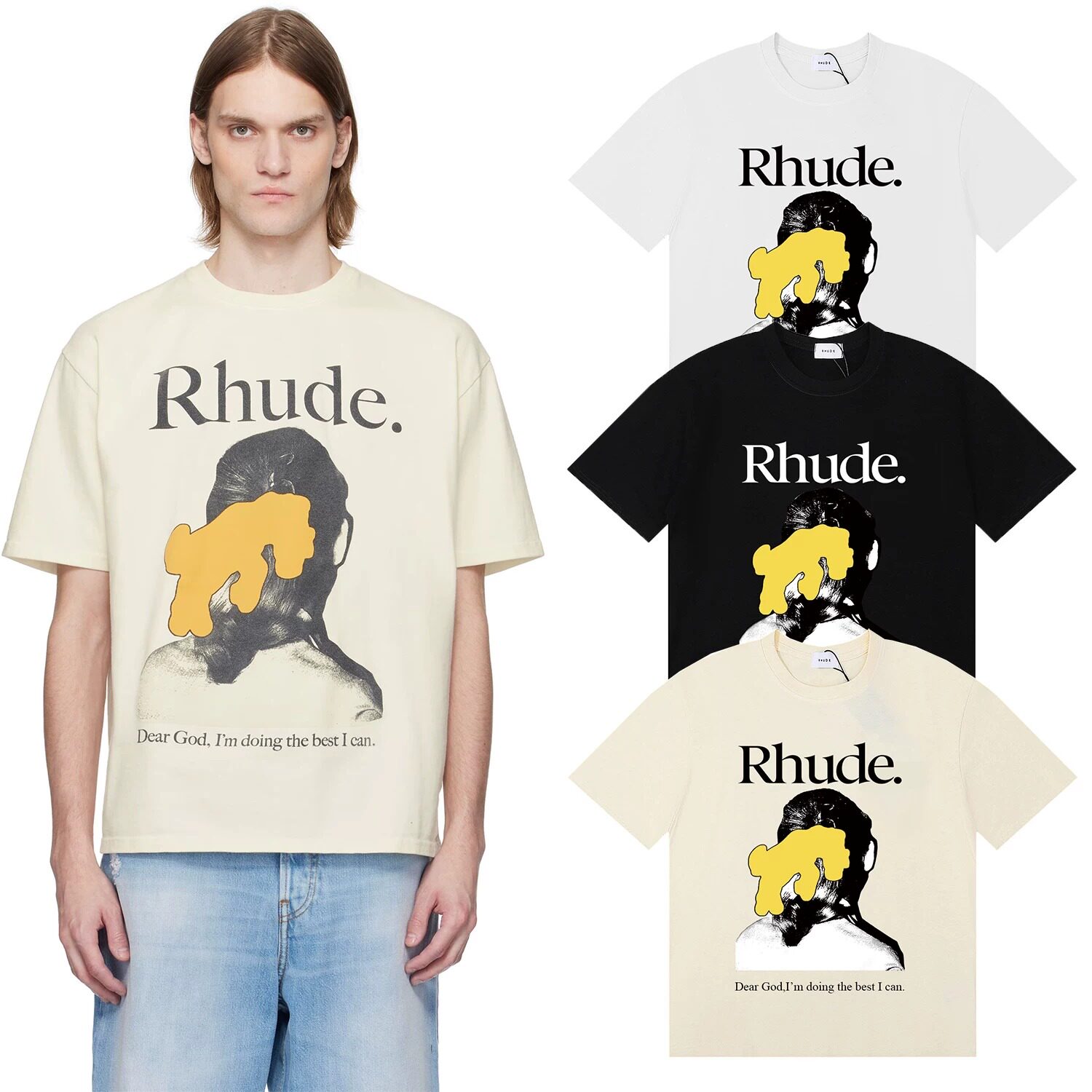 RHUDE 潮牌夏季字母花朵印花美式复古宽松短袖t恤上衣男女情侣TEE