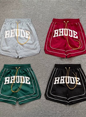 RHUDE 复古运动风篮球短裤男女夏季透气网眼撞色抽绳休闲裤子潮牌
