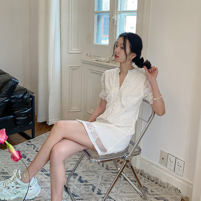 法式复古春夏蕾丝镂空连衣裙短裙