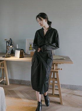 iris.O鸢小众气质设计感交叉绑带系带长袖口袋衬衫连衣裙长裙秋