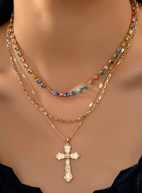 女甜酷叠戴镶钻十字架吊坠仿水晶链条项链