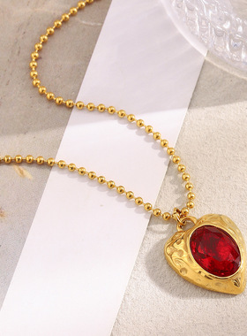 欧美复古法式不锈钢镀18k金红宝石爱心珠子项链
