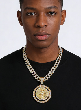 欧美新款男士满钻链条嘻哈风个性转动镰刀死神吊坠项链