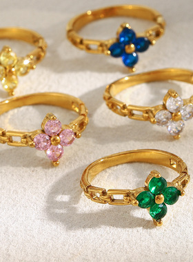 女式欧美时尚气质小众个性创意不锈钢镀18K金花朵锆石链条戒指