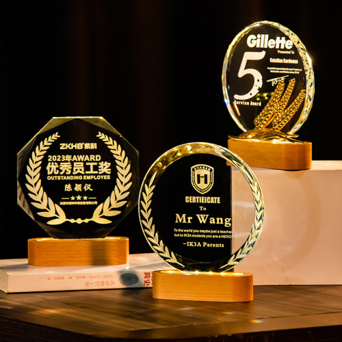 发光水晶奖杯订制创意实木奖牌定制定做优秀员工纪念品摆件小夜灯